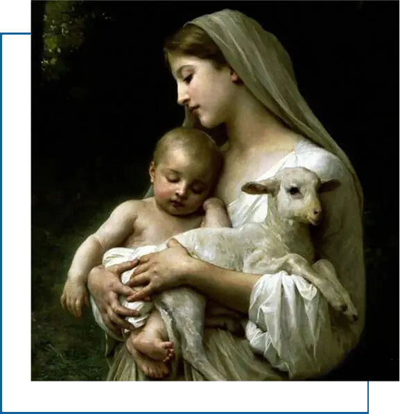 A painting of a woman nurturing a baby and a lamb.