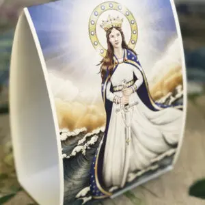 A Table Tent with an image of the virgin mary on it.