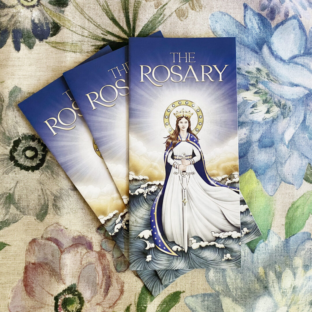The Rosary Pamphlets on a floral background.